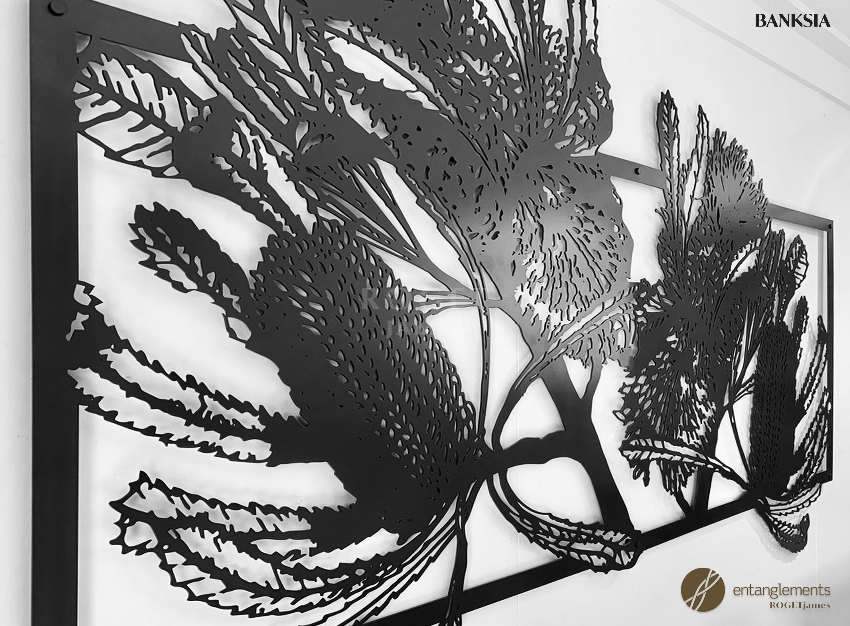  features black silhouettes of banksia, a type of native Australian plant, displayed on a white wall. The artwork has a minimalist and striking contrast, emphasizing the distinct shape and texture of the banksia leaves and flowers.