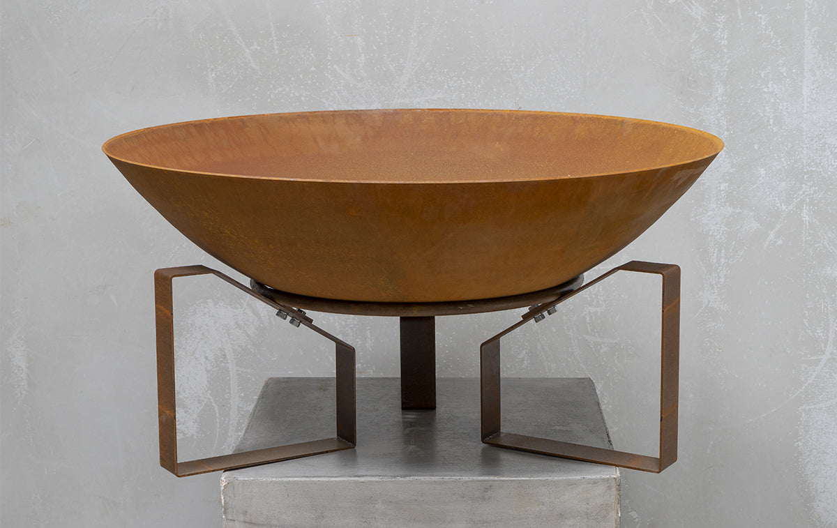 Square Fire Pit Base with Hand Spun Corten Fire Pit Bowl