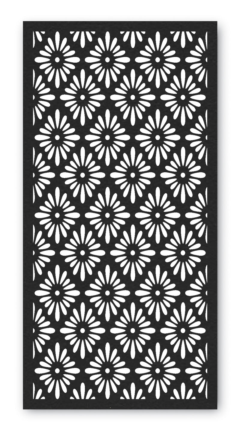 African Daisy Screen on a concrete wall with a powder-coated black finish.  Brief Description: This image features an African Daisy Screen mounted on a concrete wall with a powder-coated black finish. The screen’s elegant floral design contrasts strikingly with the black wall, showcasing its intricate laser-cut patterns and adding a touch of sophistication to the space.