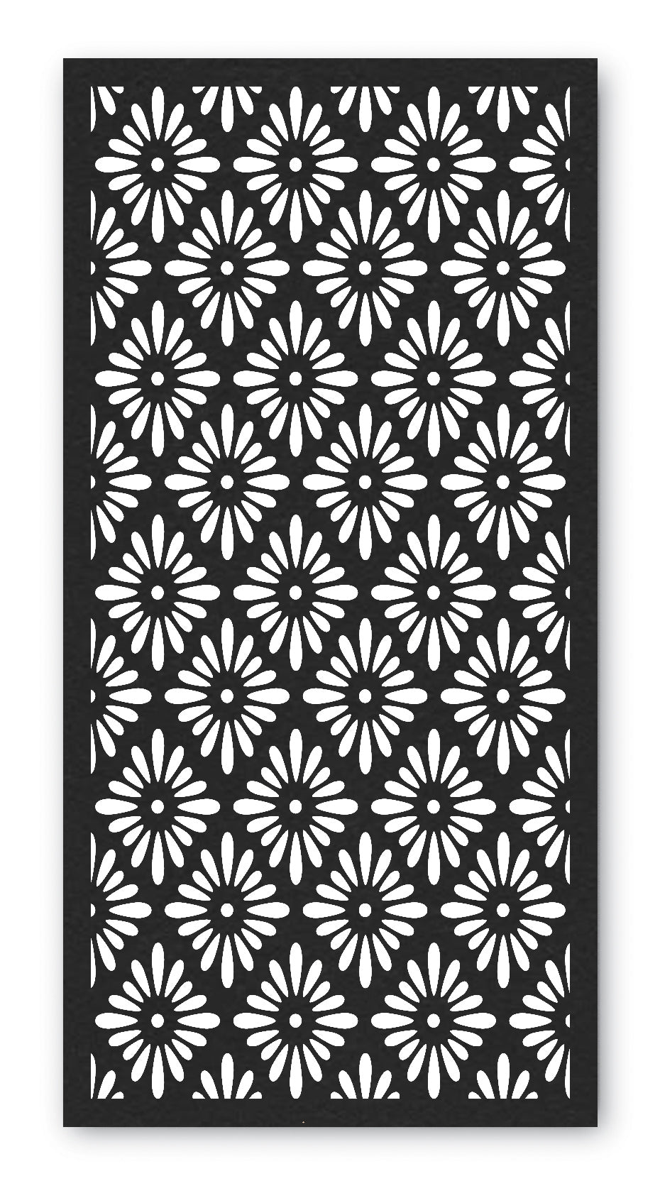 African Daisy Screen on a concrete wall with a powder-coated black finish.  Brief Description: This image features an African Daisy Screen mounted on a concrete wall with a powder-coated black finish. The screen’s elegant floral design contrasts strikingly with the black wall, showcasing its intricate laser-cut patterns and adding a touch of sophistication to the space.