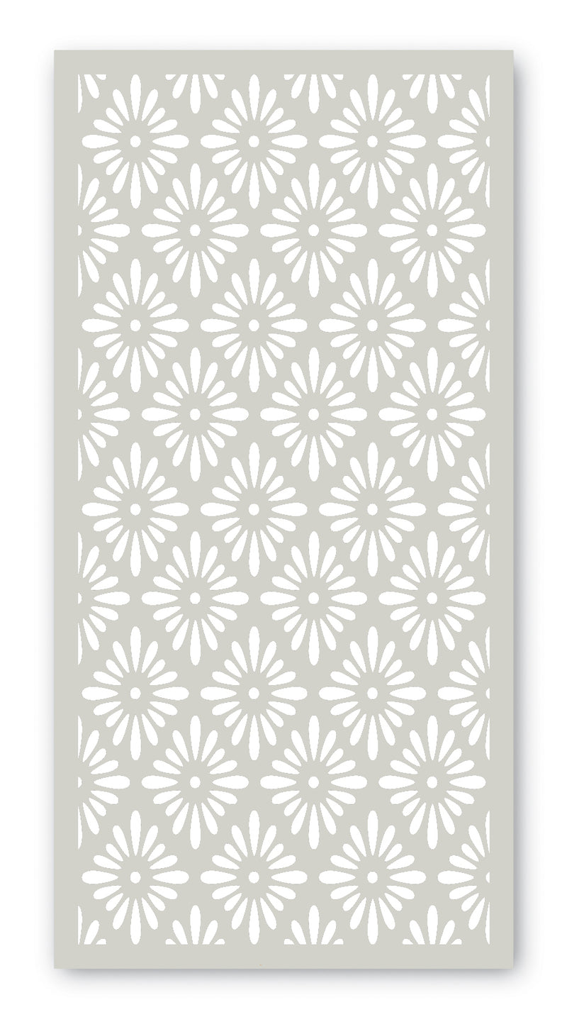 frican Daisy Screen on a concrete wall with a white powder-coated finish.  Brief Description: This image features an African Daisy Screen mounted on a concrete wall with a white powder-coated finish. The screen’s elegant floral design stands out against the white wall, highlighting its intricate laser-cut patterns and adding a bright, sophisticated touch to the space.