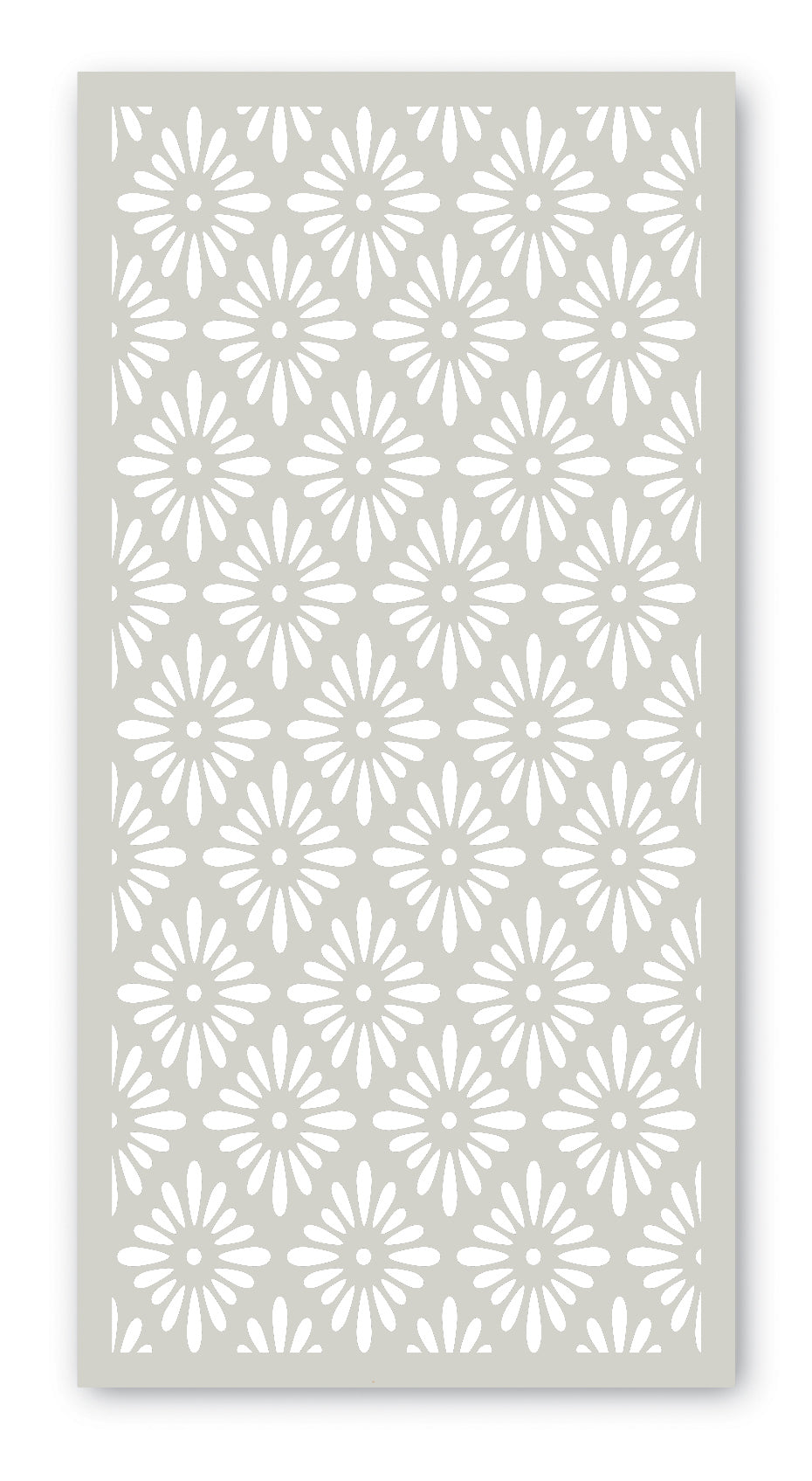 frican Daisy Screen on a concrete wall with a white powder-coated finish.  Brief Description: This image features an African Daisy Screen mounted on a concrete wall with a white powder-coated finish. The screen’s elegant floral design stands out against the white wall, highlighting its intricate laser-cut patterns and adding a bright, sophisticated touch to the space.