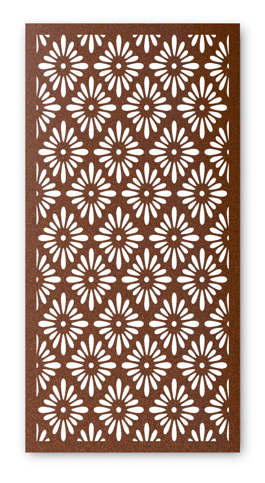 African Daisy Screen on a concrete wall with a rust patina.  Brief Description: This image features an African Daisy Screen displayed against a concrete wall with a rust patina finish. The screen’s elegant floral design adds a touch of sophistication to the space. The rust patina on the concrete wall complements the screen, highlighting its detailed laser-cut patterns.