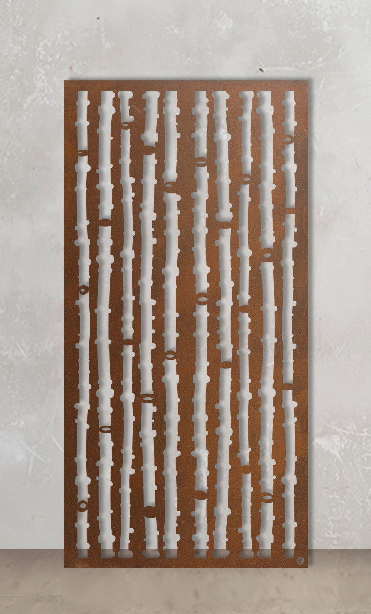 Mid-Century Bamboo Design  Alt Text: Mid-century bamboo design featuring clean lines and geometric patterns.  Brief Description: This image features a bamboo design with mid-century styling. It showcases clean lines and geometric patterns typical of mid-century aesthetics, combining simplicity with elegance. The design highlights the natural beauty of bamboo while reflecting the classic mid-century design Outdoor metal screen 