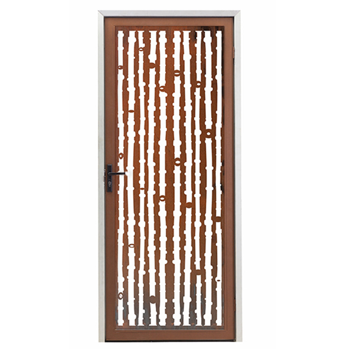 Bamboo screen door with an intricate mid-century design, featuring a bamboo pattern in a sturdy, earthy rust metal look.  Brief Description: This image showcases a bamboo screen door designed with a mid-century pattern. The screen features a detailed bamboo design in a sturdy, earthy rust metal finish. The rusted appearance adds a vintage touch, combining functionality with stylish aesthetics for a secure and decorative door option.